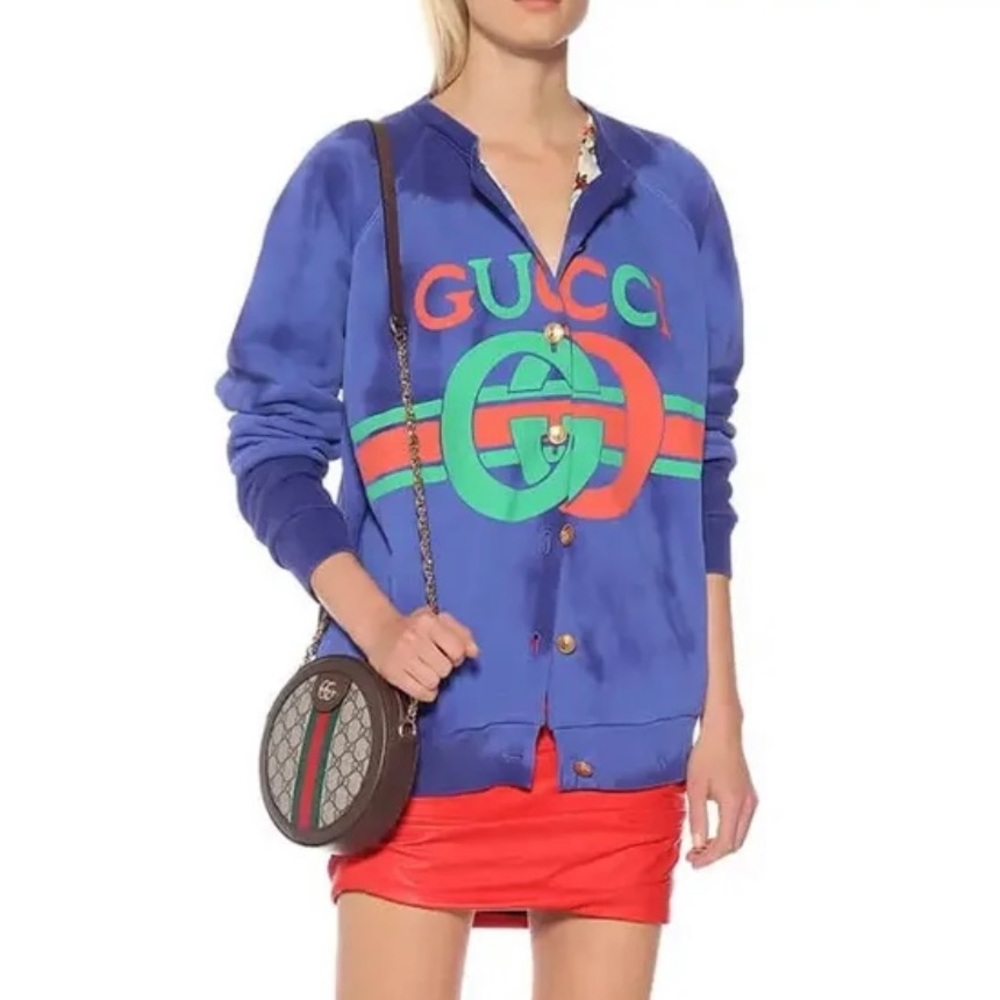Gucci blue acid wash crew neck cardigan sweater Large